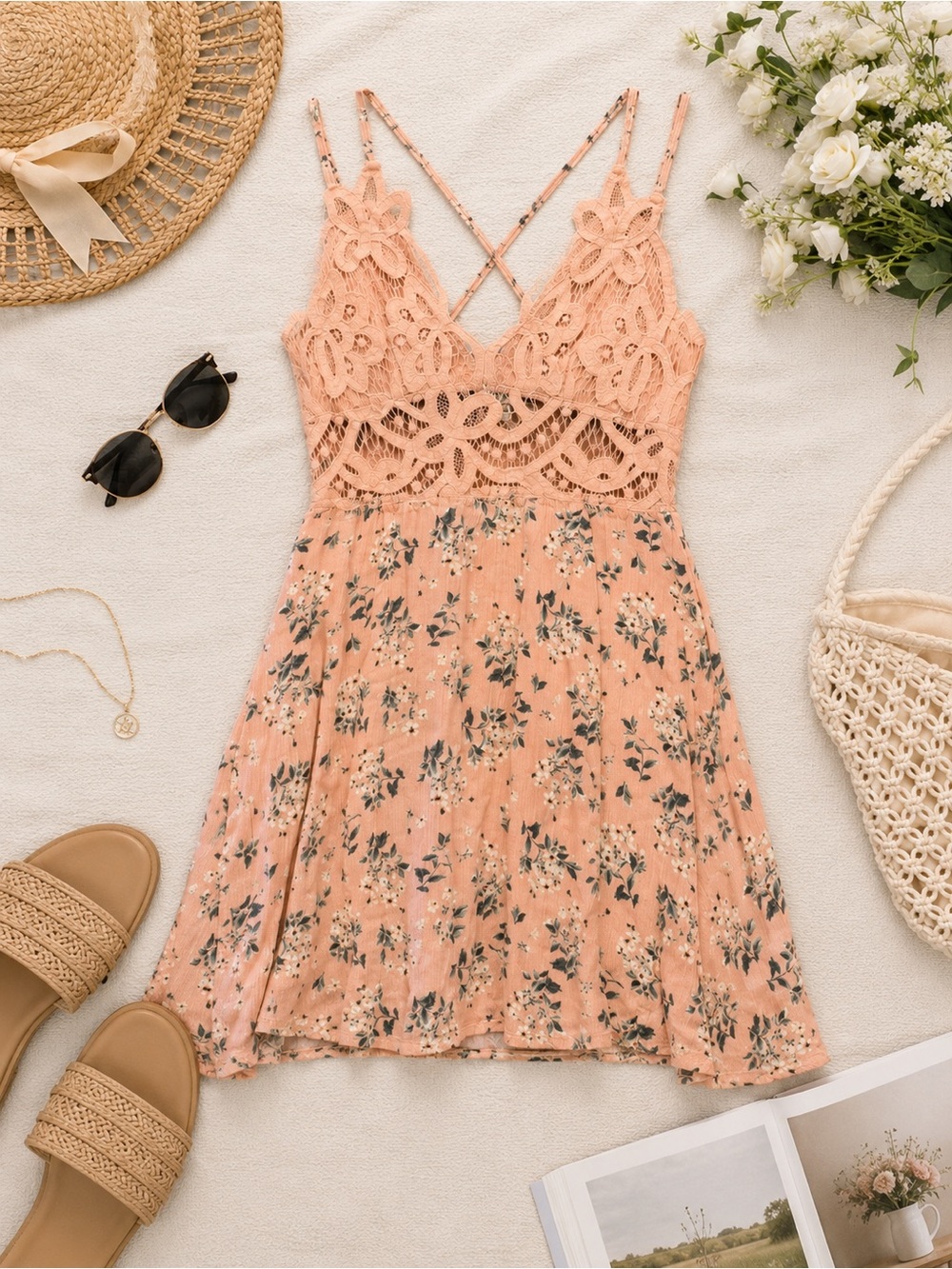 Almost Famous Peach Floral Lace Crochet Mini Dress Size Small